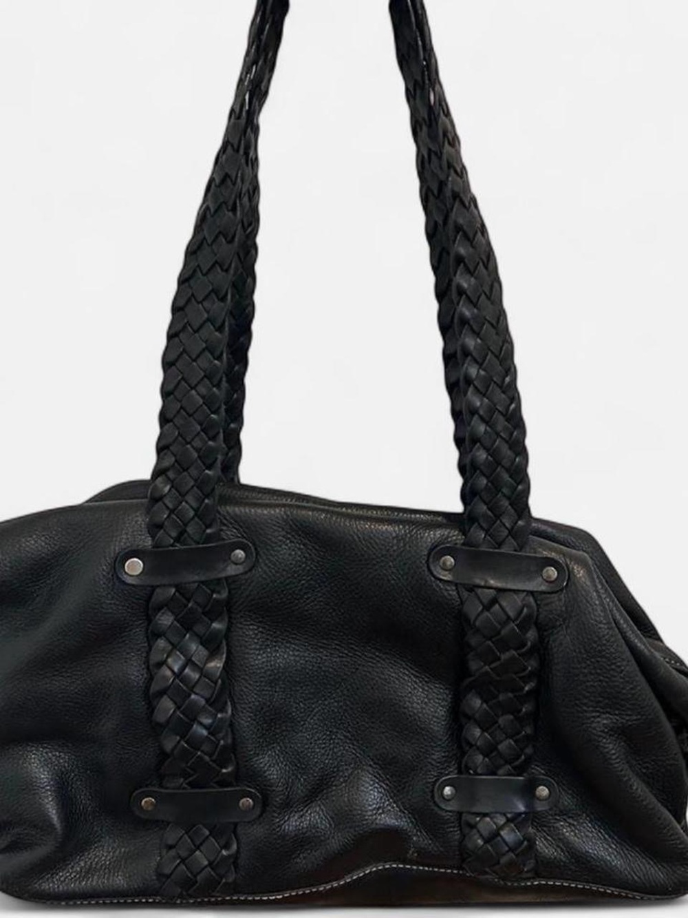 Donald J Pliner Black Braided Handle Leather HandBag